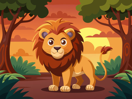 Cartoon lion standing in a forest clearing during a vibrant sunset scene.のイラスト素材
