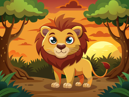 A cute cartoon lion stands in a stylized forest during a vivid sunset scene.のイラスト素材