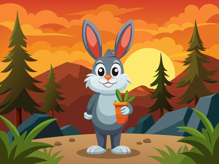 A whimsical bunny holds a potted plant amidst a stylized sunset forest scene.のイラスト素材