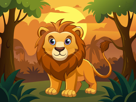 Cartoon lion standing in a jungle setting with orange sky at sunset timeのイラスト素材