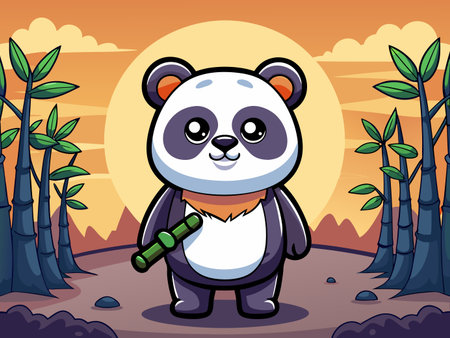 Charming cartoon panda smiles, holding bamboo, in a stylized bamboo forest.のイラスト素材