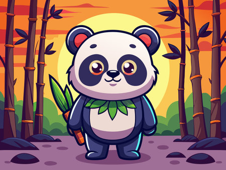 Cartoon panda stands in a bamboo forest at sunset in children's style.のイラスト素材