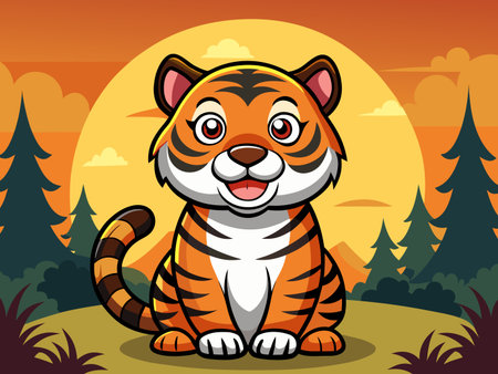 Adorable cartoon tiger sits serenely against a stylized sunset landscape scene.のイラスト素材