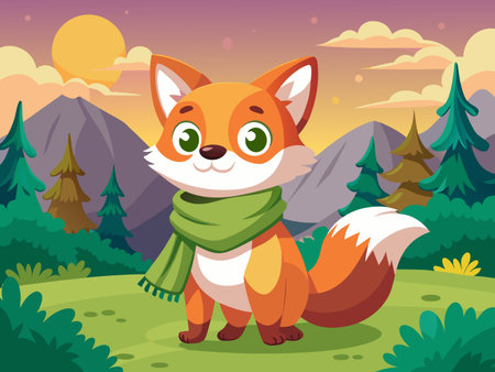 A cute cartoon fox with a green scarf stands in a vibrant, scenic landscape.のイラスト素材
