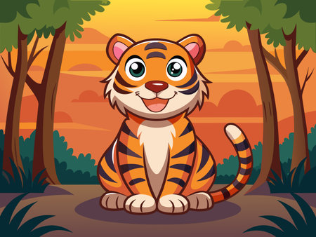 A cheerful cartoon tiger sits serenely in a vibrant forest landscape artのイラスト素材