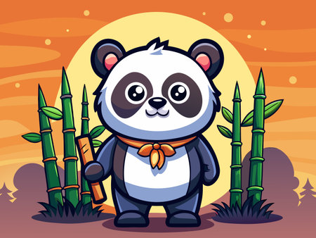 Adorable panda illustration with bamboo stalks against an orange sunsetのイラスト素材