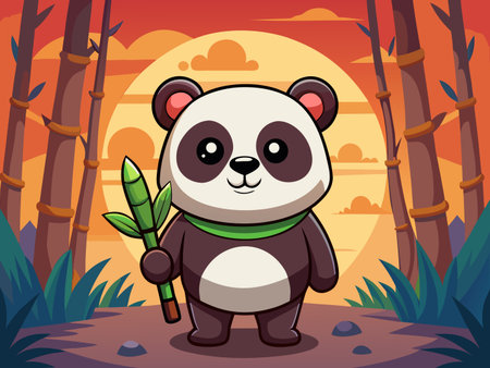Stylized panda holds bamboo shoots within a serene bamboo forest setting.のイラスト素材