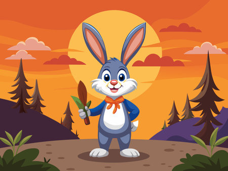 Cartoon bunny stands in a stylized forest with a carrot during sunset scene.のイラスト素材