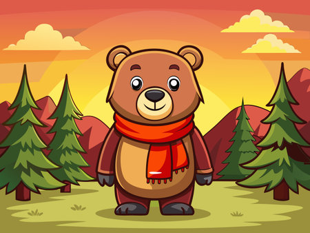 Charming cartoon bear with a scarf stands against a stylized sunset backdrop.のイラスト素材