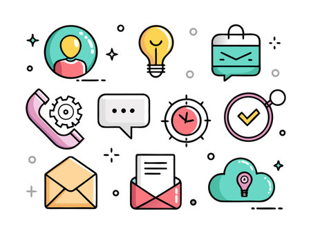 Doodle-style icons present various business and communication symbols on white.のイラスト素材