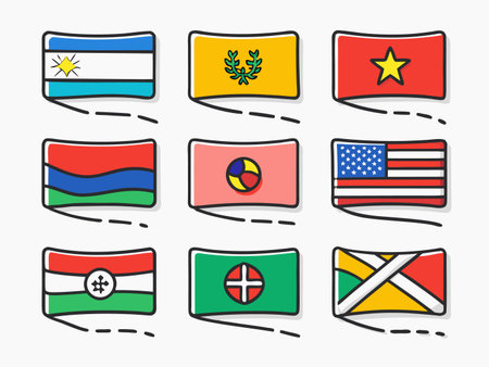 Various stylized cartoon flags are arranged in a grid on a white backgroundのイラスト素材