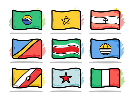 Nine diverse flags are waving gently, depicted in a simple, cartoon style.のイラスト素材