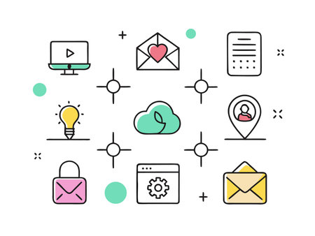 Collection of colorful hand-drawn line art icons displaying modern technology.のイラスト素材