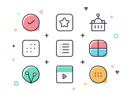 Collection of outline icons with filled colors in a flat design illustrationのイラスト素材