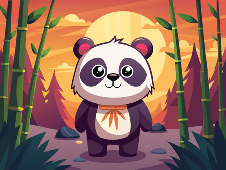 Cute panda bear stands peacefully in a bamboo forest at sunset, cartoon style.のイラスト素材