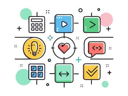 Vibrant vector art presents diverse icons connected by lines, joyful andのイラスト素材