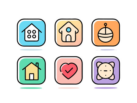 Collection of six colorful icon designs featuring house, heart, and animalのイラスト素材