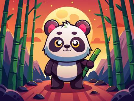 A cute cartoon panda stands in a bamboo forest at sunset in digital style.のイラスト素材