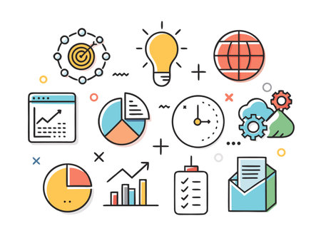 An array of business planning icons represents strategy, goals, and analysis.のイラスト素材