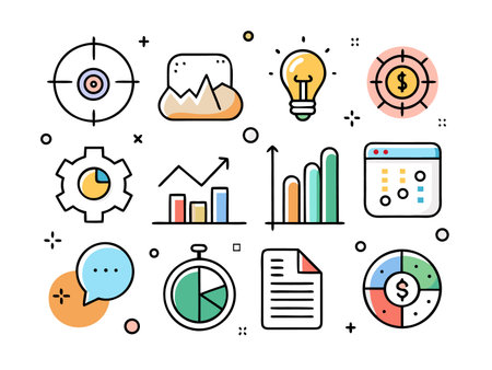 Collection of colorful business icons representing targets, trends and finance.のイラスト素材