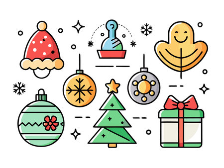 Line art illustration showing a festive collection of Christmas decorations.のイラスト素材