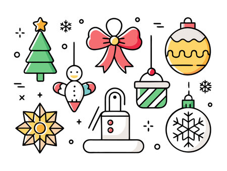 Festive christmas ornaments and shapes are displayed in a cartoon style art.のイラスト素材