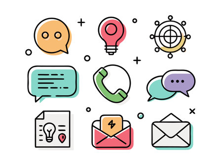 Assorted communication icons are scattered across the white plane surface.のイラスト素材