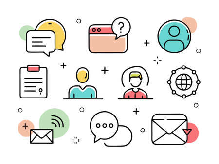 Various communication and networking icons are displayed in a modern style.のイラスト素材