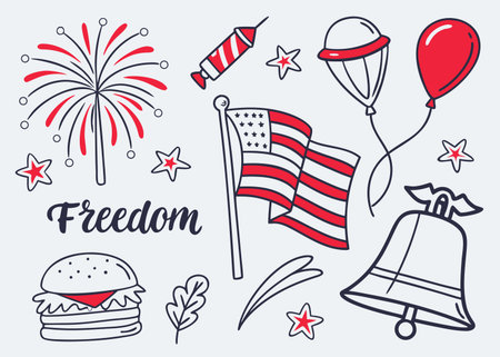 Doodle-style graphic with American symbols conveys a festive, celebratory mood.のイラスト素材