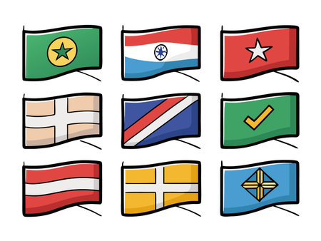 Colorful cartoon flags with thick outlines represent different regions wellのイラスト素材
