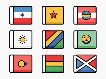 Nine colorful flag-inspired designs with black outlines on a white background.のイラスト素材
