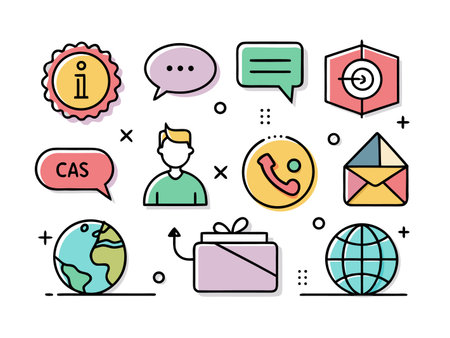 Colorful flat icons suggest a company supporting customer service worldwide.のイラスト素材