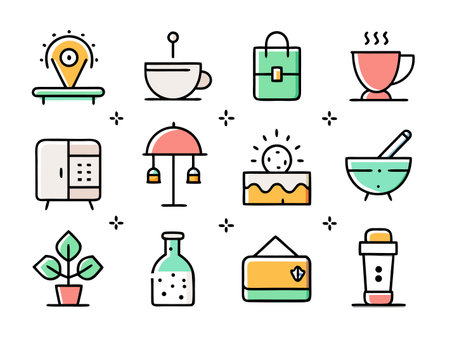 Collection of assorted colorful home object icons in a playful, doodle style artのイラスト素材