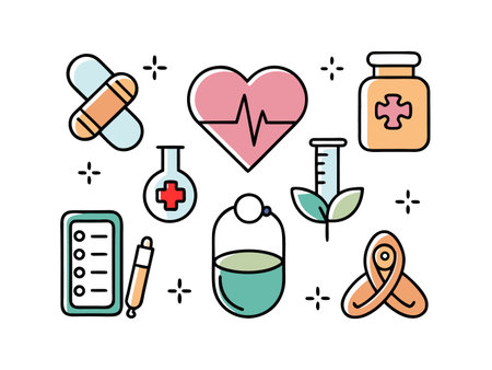 An assortment of medical icons, flat style, with a colorful and clean design.のイラスト素材