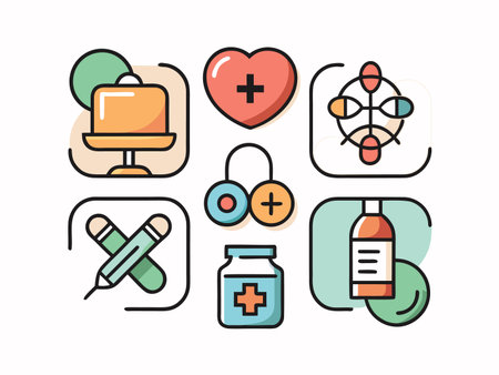 Colorful medical icon set displaying health, medication and science elements.のイラスト素材