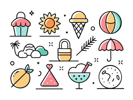 Collection of fun, colorful summer icons isolated on a white background.のイラスト素材