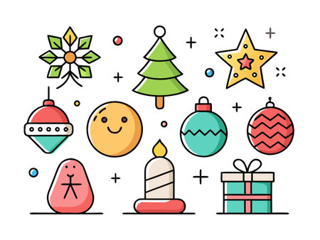 Festive flat vector icon set with various christmas holiday themed elements.のイラスト素材