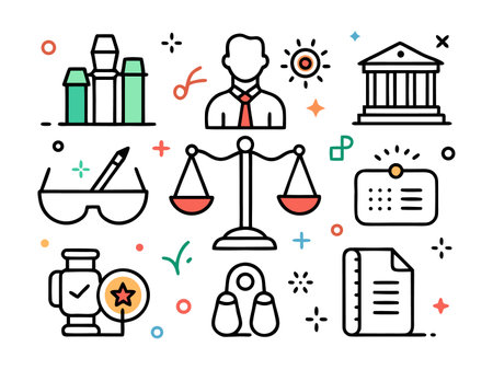 Minimalist law and justice vector graphic showcasing legal themed icons design.のイラスト素材