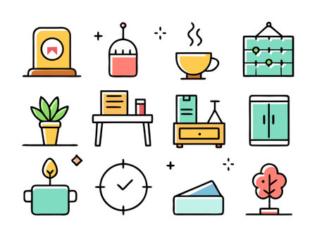 Various cartoon office and home elements are displayed in organized fashion.のイラスト素材