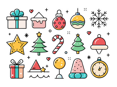 Festive holiday icons in a clean, modern, colorful, hand-drawn cartoon styleのイラスト素材