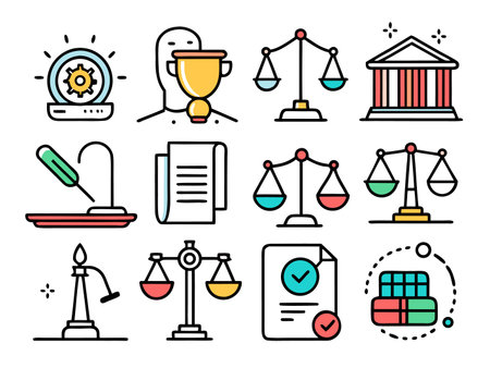 Twelve icons represent legal, business and academic concepts with vibrantのイラスト素材