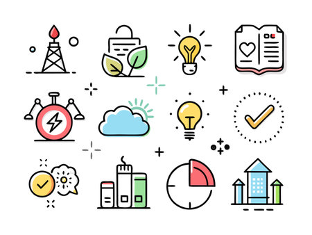 Colorful line icons arranged representing energy, nature, books, and buildings.のイラスト素材