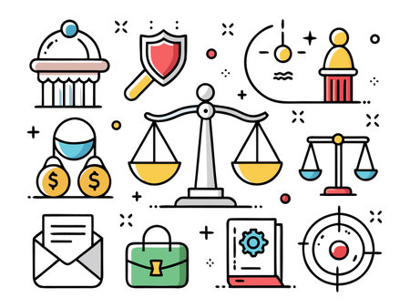 Colorful legal and finance icons on white showing justice and monetary themes.のイラスト素材