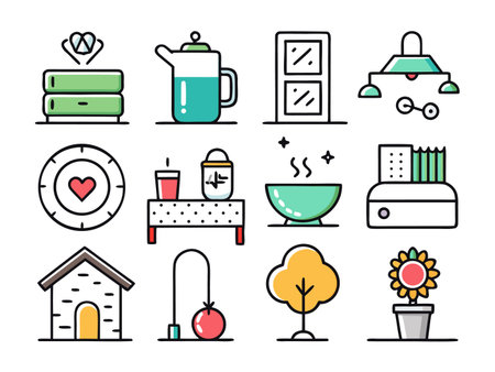 Vector flat illustration showcases icons; furniture, plants, cooking and more.のイラスト素材