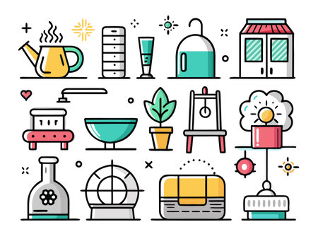 Assorted flat icons with playful color and design creating a visually engagingのイラスト素材