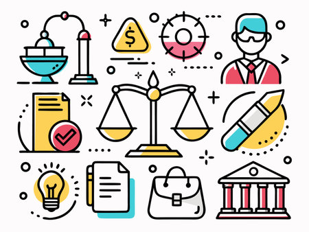 Outlined legal icons show justice, finance, and law on white background.のイラスト素材