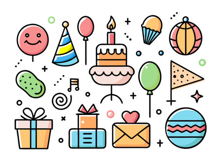 Festive birthday icons depicting party elements in vibrant, flat illustration.のイラスト素材