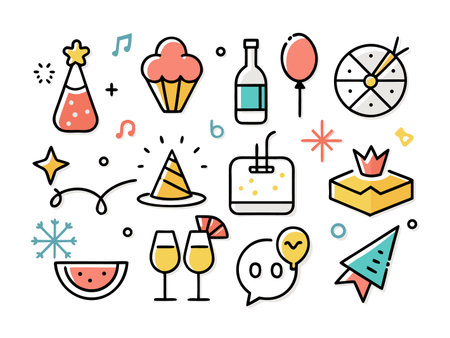 Festive celebration elements include party hats, cake, and bottle design artのイラスト素材