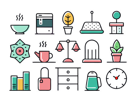 Whimsical collection of icons in pastel colors with black outlines are arrayed.のイラスト素材