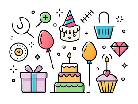 Celebration icon set features birthday cake, presents, balloons, and party hat.のイラスト素材
